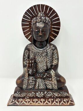 Vtg Hand Carved Etched Stone Buddha Statue Halo Meditation 9" Asian India Decor